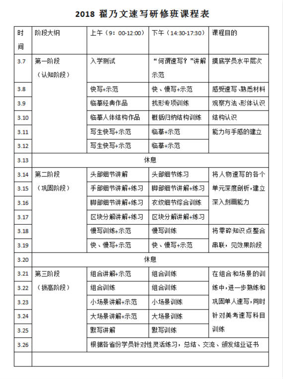 翟乃文速写研修班课程安排